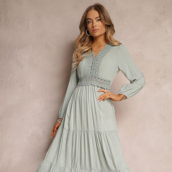 Women Casual Mint Green Floral Lace Beaded V Neck Tiered Maxi Dress.New,Flare Hem, V Neck, Pull On, Holiday,Daily Life,Relax Fit,UK S M L XL