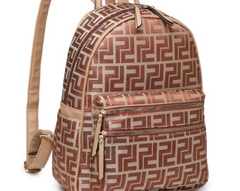 New Women's Brown Graphic Leather Look PU Double Zip Pockets Backpack. Adjustable Shoulder Straps.Pocket Organisers,Daily Life Essential.