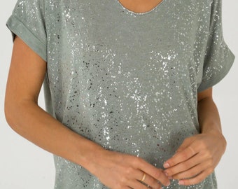 New Women Khaki Knitted Glitter Splatter Sequin V Neck Oversize Tee Shirt Tunic Top.More Colour. Relaxed Fit,One Size(UK 8-16).More Colours.