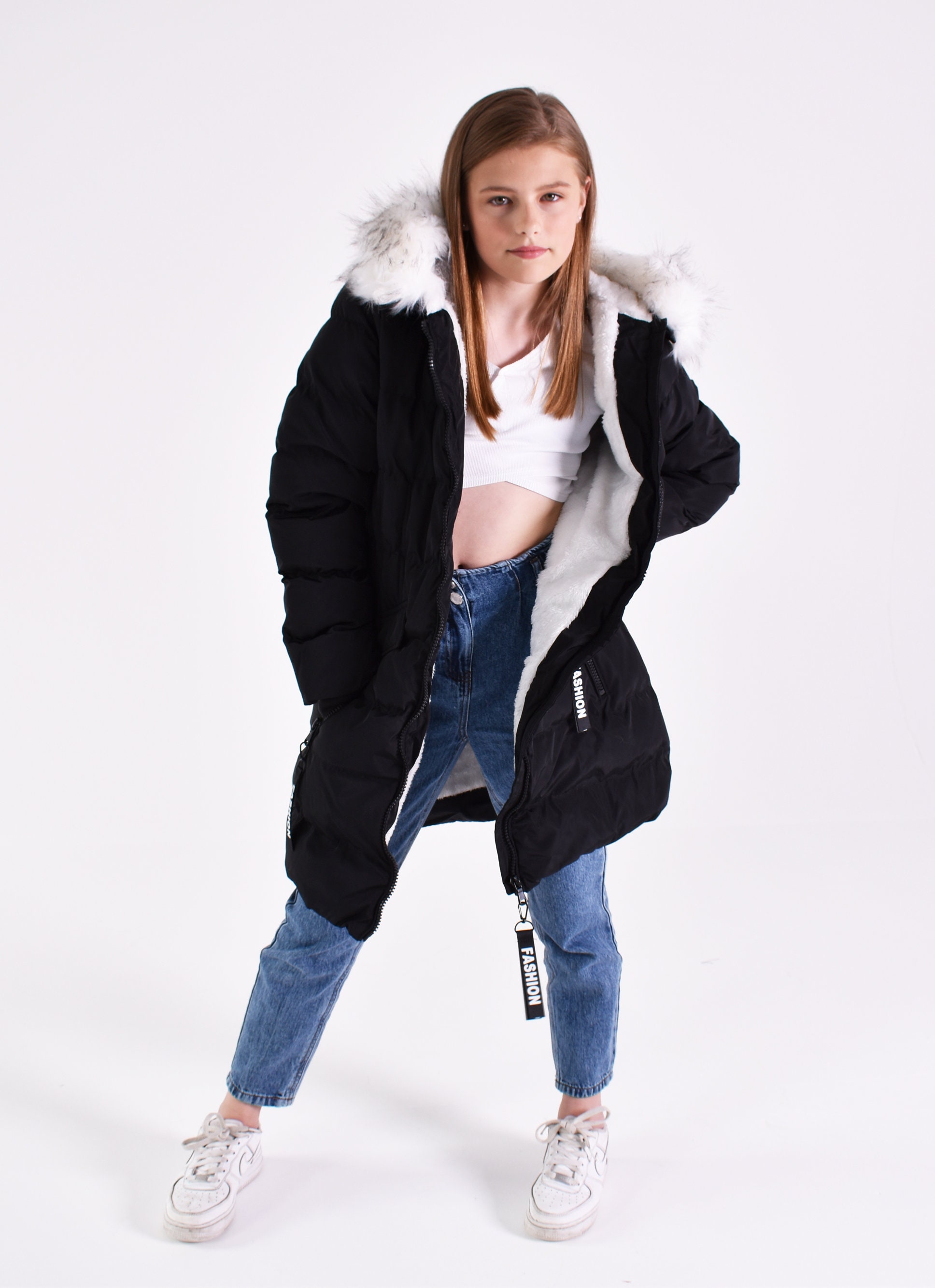 Charcoal Fashion Girl's Midi Length Fur Lined Puffer Coat With Pink ...