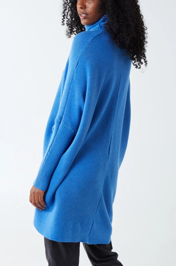 New Women Blue Oversize Asymmetric Wide Hem Roll Neck Longline Jumper,  Cosy, Relaxed Fit, Stretch, Breathable,keep Warm,long Sleeves,uk 8-16 - Etsy