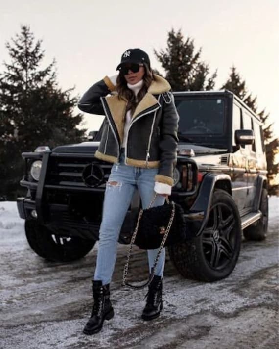 Women s Casual Black Oversized Faux Suede Shearling Aviator Biker