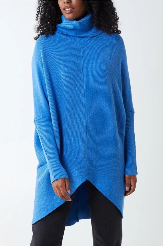 New Women Blue Oversize Asymmetric Wide Hem Roll Neck Longline