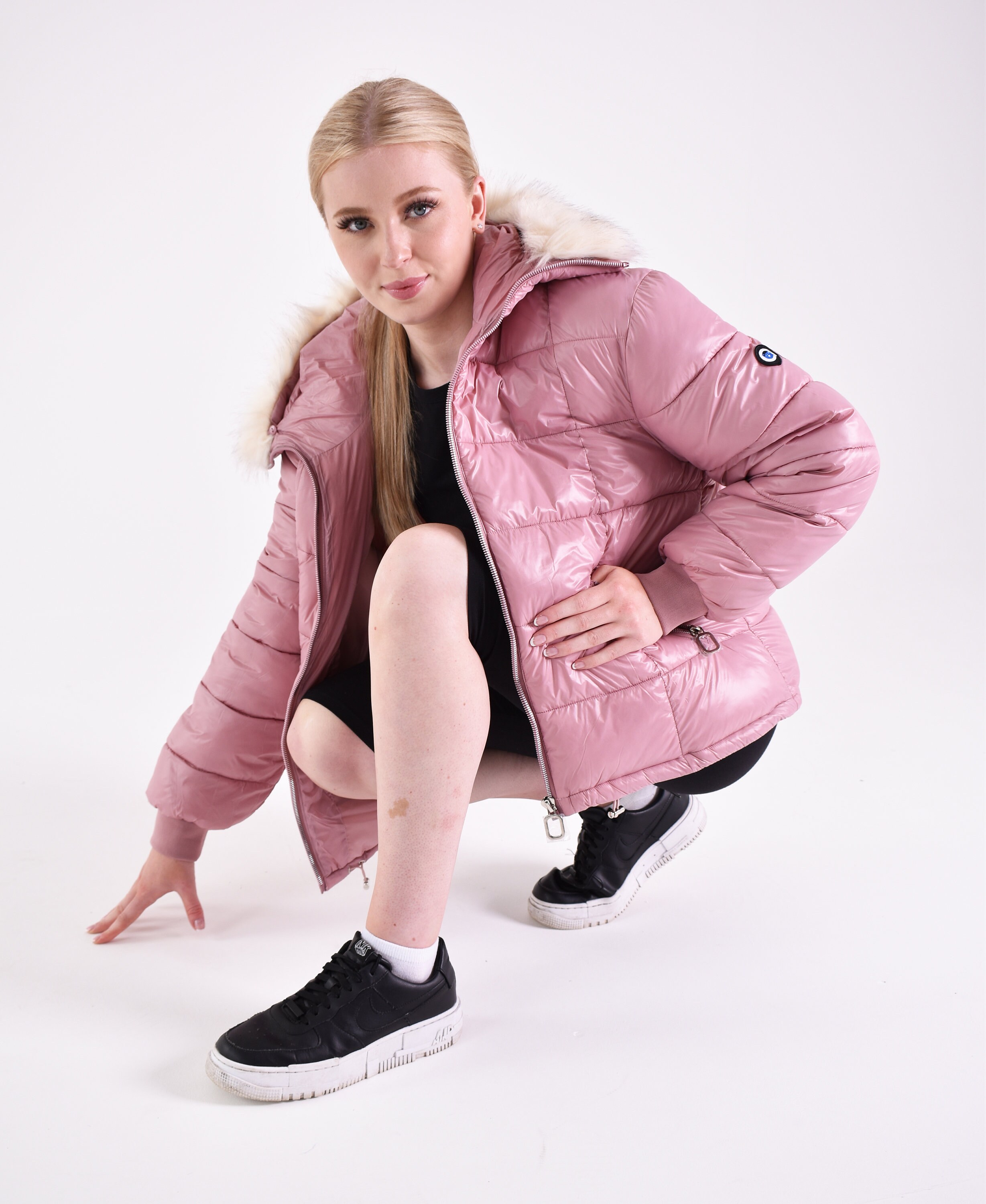 Women s Dusty Pink Shiny Water Resistant Bubble Puffer Jacket