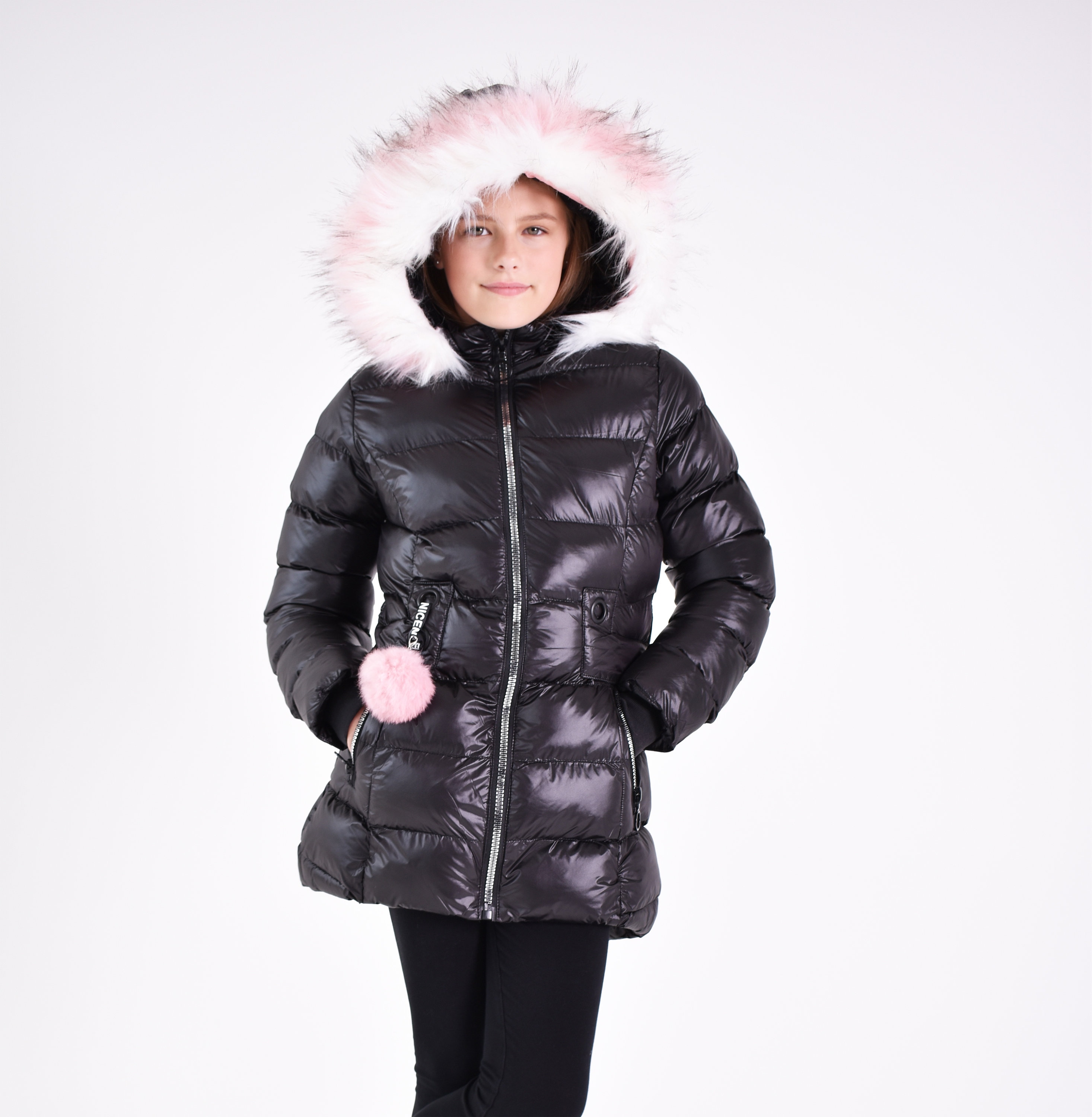 Shiny black coat with fur hood sale