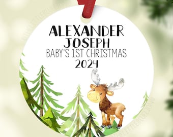 Moose Baby First Christmas Ornament, Personalized Baby Christmas Ornament, Moose Elk Forest Baby Boy Ornament, Holiday Baby Ornament W12