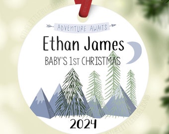 Adventure Awaits Baby First Christmas Ornament, Personalized Baby Christmas Ornament, Mountains Baby Boy Ornament, Holiday Baby Ornament M3