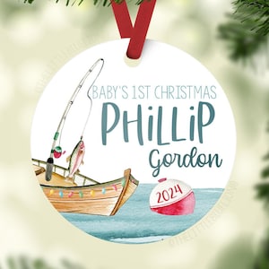 Fishing Baby First Christmas Ornament, Personalized Baby Christmas Ornament, Fisherman Baby Boy Ornament, Holiday Baby Ornament O24