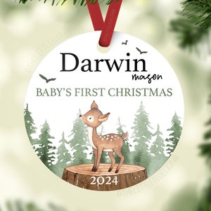 Deer Baby First Christmas Ornament, Personalized Baby Christmas Ornament, Deer Woodland Baby Boy Ornament, Holiday Baby Ornament W40