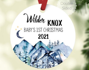Mountains Baby First Christmas Ornament, Personalized Baby Christmas Ornament, Adventure Awaits Baby Boy Ornament, Holiday Baby Ornament M2