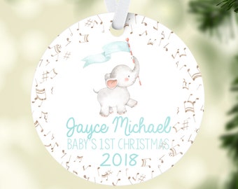 Elephant Baby 1st Christmas Ornament, Music Ornament, Personalized Baby First Christmas Ornament, Baby Boy Ornament, Holiday Baby Ornament