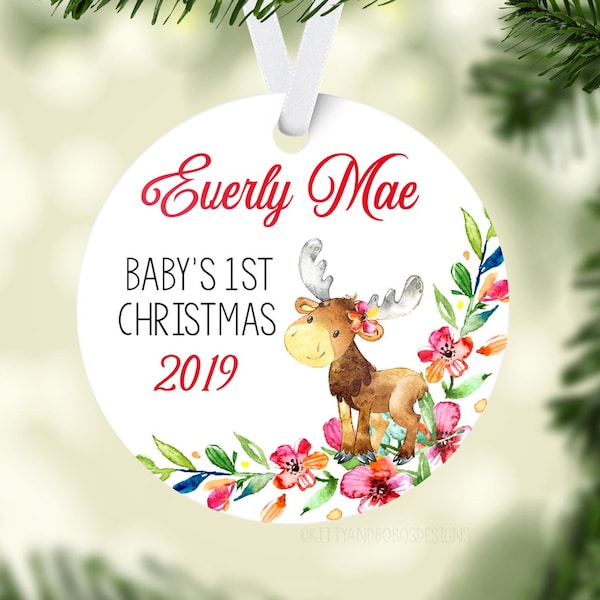 Girl Moose Baby First Christmas Ornament, Personalized Baby Christmas Ornament, Moose Elk Floral Girl Ornament, Holiday Baby Ornament
