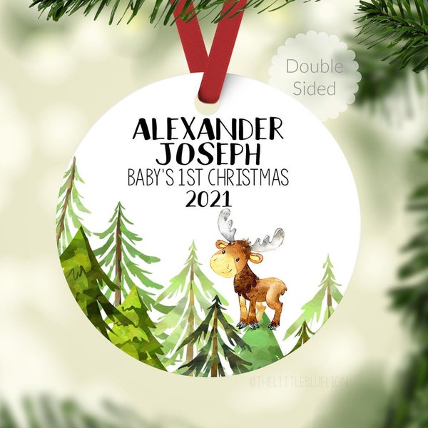 Moose Baby First Christmas Ornament, Personalized Baby Christmas Ornament, Moose Elk Forest Baby Boy Ornament, Holiday Baby Ornament W12