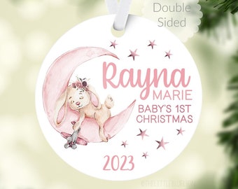 Rabbit Moon and Stars Baby 1st Christmas Ornament, Personalized Baby First Christmas Ornament, Baby Girl Ornament, Holiday Baby Ornament G48