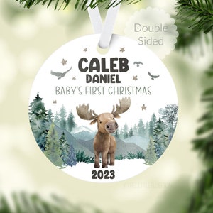 Moose Baby First Christmas Ornament, Personalized Baby Christmas Ornament, Moose Elk Forest Baby Boy Ornament, Holiday Baby Ornament W44