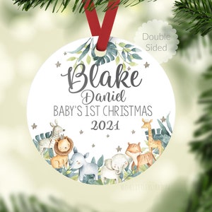 Safari Baby 1st Christmas Ornament, Personalized Baby First Christmas Ornament, Jungle Safari Baby Boy Ornament, Holiday Baby Ornament S4