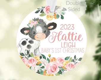 Pink Floral Cow Baby 1st Christmas Ornament, Personalized Baby First Christmas Ornament, Girl Cow Ornament, Holiday Baby Ornament C5
