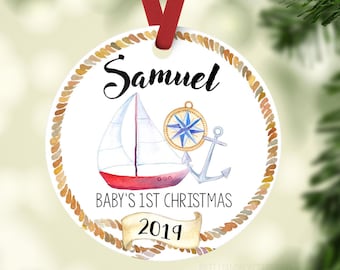 Nautical Baby First Christmas Ornament, Personalized Baby Christmas Ornament, Sail Boat Baby Boy Ornament, Holiday Baby Ornament O14