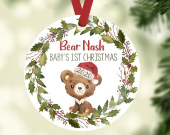 Bear Baby First Christmas Ornament, Personalized Baby Christmas Ornament, Santa hat Bear Forest Baby Boy Ornament, Holiday Baby Ornament W13