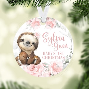 Girl Sloth Baby 1st Christmas Ornament, Personalized Baby First Christmas Ornament, Baby Girl Ornament, New Baby Gift, Holiday Ornament S45