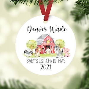 Farm Baby 1st Christmas Ornament, Personalized Baby First Christmas Ornament, Farm Animal Ornament, Barn Ornament, Holiday Baby Ornament C1