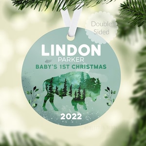 Buffalo Baby First Christmas Ornament, Personalized Baby Christmas Ornament, Bison Forest Baby Ornament, Holiday Baby Ornament W32