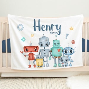 Robot Blanket, Personalized Robot Baby Blanket, Robot Baby Blanket, Boy Nursery Blanket, Robot Nursery, Robots Baby Blanket B18