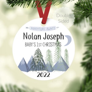 Adventure Awaits Baby First Christmas Ornament, Personalized Baby Christmas Ornament, Mountains Baby Boy Ornament, Holiday Baby Ornament M3 image 1