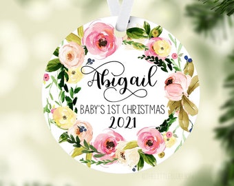Floral Baby 1st Christmas Ornament, Personalized Baby First Christmas Ornament, Baby Girl Ornament, New Baby Gift, Holiday Baby Ornament