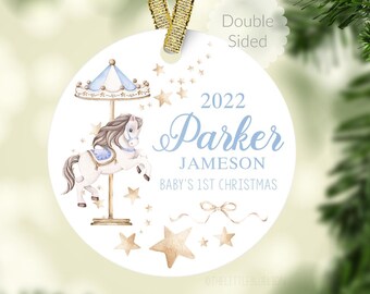 Blue Carousel Baby 1st Christmas Ornament, Personalized Baby First Christmas Ornament, Carousel Baby Boy Ornament, Holiday Ornament B31