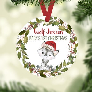 Wolf Baby Ornament, Personalized Baby First Christmas Ornament, Baby Boy Ornament, New Baby Gift, Holiday Baby Ornament, Santa Wolf