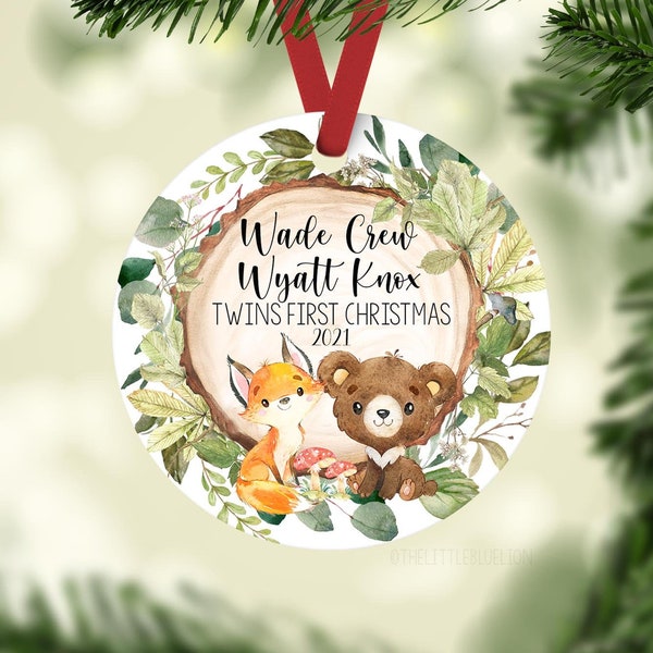 Woodland Twins First Christmas Ornament, Personalized Baby Christmas Ornament, Bear Fox Forest Baby Twins Ornament, Holiday Baby Ornament