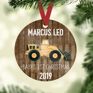 Construction First Christmas Ornament, Personalized Baby Christmas Ornament, Digger Crane Baby Boy Ornament, Holiday Baby Ornament