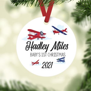 Airplane Baby First Christmas Ornament, Personalized Baby Christmas Ornament, Vintage Plane Baby Boy Ornament, Holiday Baby Ornament