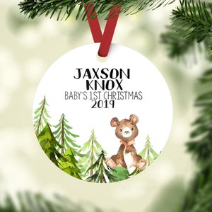 Bear Baby First Christmas Ornament, Personalized Baby Christmas Ornament, Bear Forest Baby Boy Ornament, Holiday Baby Ornament
