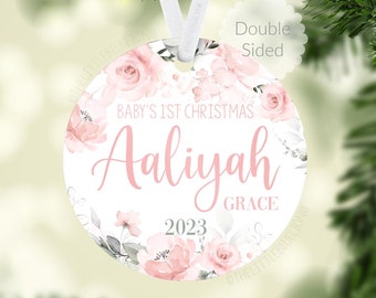 Floral Baby 1st Christmas Ornament, Personalized Baby First Christmas Ornament, Baby Girl Ornament, New Baby Gift, Holiday Baby Ornament F69