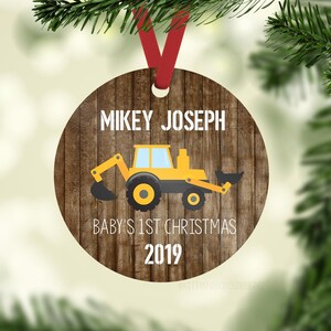 Construction First Christmas Ornament, Personalized Baby Christmas Ornament, Backhoe Baby Boy Ornament, Holiday Baby Ornament