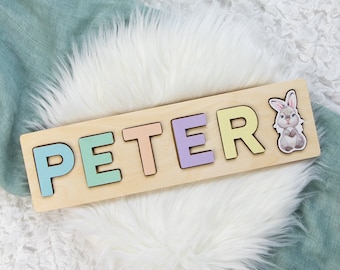 First Easter Gift, Boy Bunny Wood Name Puzzle, Wooden Name Puzzle, Personalized Toddler Puzzle, First Birthday Gift, Easter Basket Gift