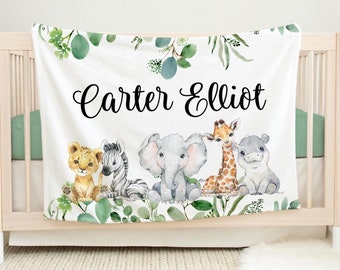 Safari Blanket, Safari Nursery Blanket, Personalized Baby Blanket, Safari Nursery Theme, Newborn Blanket, Lion, Elephant, Giraffe, Hippo S1