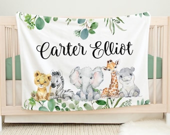 Safari Blanket, Safari Nursery Blanket, Personalized Baby Blanket, Safari Nursery Theme, Newborn Blanket, Lion, Elephant, Giraffe, Hippo S1