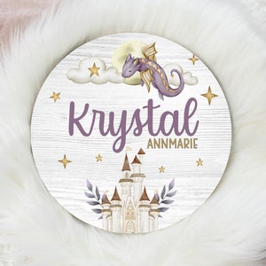 Girl Dragon Round Wood Name Sign, Dragon Baby Name Sign, Round Wood Baby Name Sign, Baby Announcement Sign, Dragon Theme Nursery Decor G63
