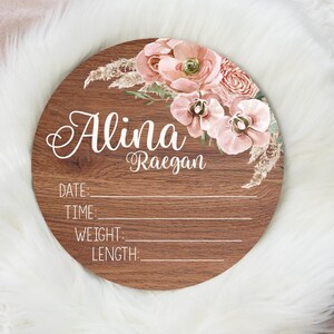 Birth Stat Sign, Round Wood Birth Stat Sign, Boho Pampas Floral Birth Stat Sign, Boho Decor, Personalized Birth Stat Sign, Newborn Gift F33