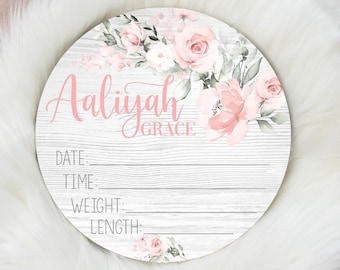 Girl Birth Stat Sign, Blush and White Floral Birth Stat Sign, Round Wood Birth Stat Sign, Personalized Birth Stat Sign, Newborn Gift F69