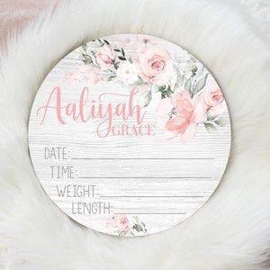 Girl Birth Stat Sign, Blush and White Floral Birth Stat Sign, Round Wood Birth Stat Sign, Personalized Birth Stat Sign, Newborn Gift F69