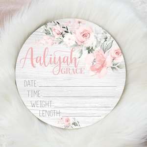 Girl Birth Stat Sign, Blush and White Floral Birth Stat Sign, Round Wood Birth Stat Sign, Personalized Birth Stat Sign, Newborn Gift F69