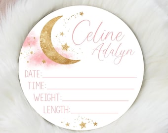 Pink and Gold Moon Birth Stat Sign, Round Wood Birth Stat Sign, Girl Moon and Stars Sign, Gold Moon Birth Stat, Personalized Stat Sign T59