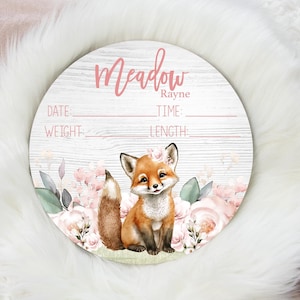 Girl Fox Birth Stat Sign, Round Wood Birth Stat Sign, Woodland Fox Birth Stat Sign, Personalized Birth Stat Sign, Newborn Gift W56