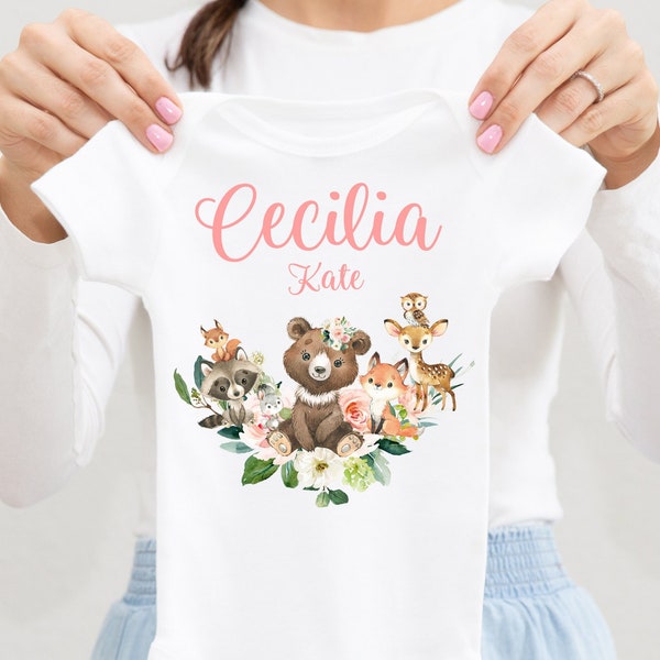 Girl Woodland Animals Baby Bodysuit, Bodysuit, Baby Shower Gift, Pregnancy Reveal Baby Shirt, Baby One Piece, Woodland Baby Outfit W28