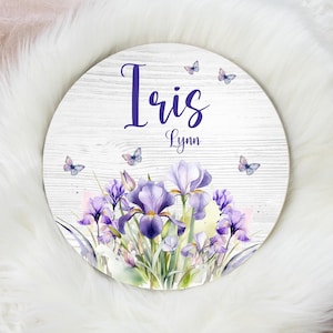 Iris Floral Round Wood Name Sign, Iris Baby Sign, Round Wood Baby Name Sign, Baby Announcement Sign, Iris Nursery Decor, Iris Name Sign F98