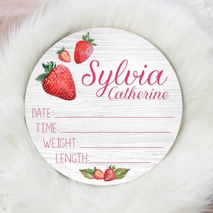 Birth Stat Sign, Round Wood Birth Stat Sign, Strawberry Birth Stat Sign, Strawberry Birth Announcement, Personalized Birth Stat Sign G88
